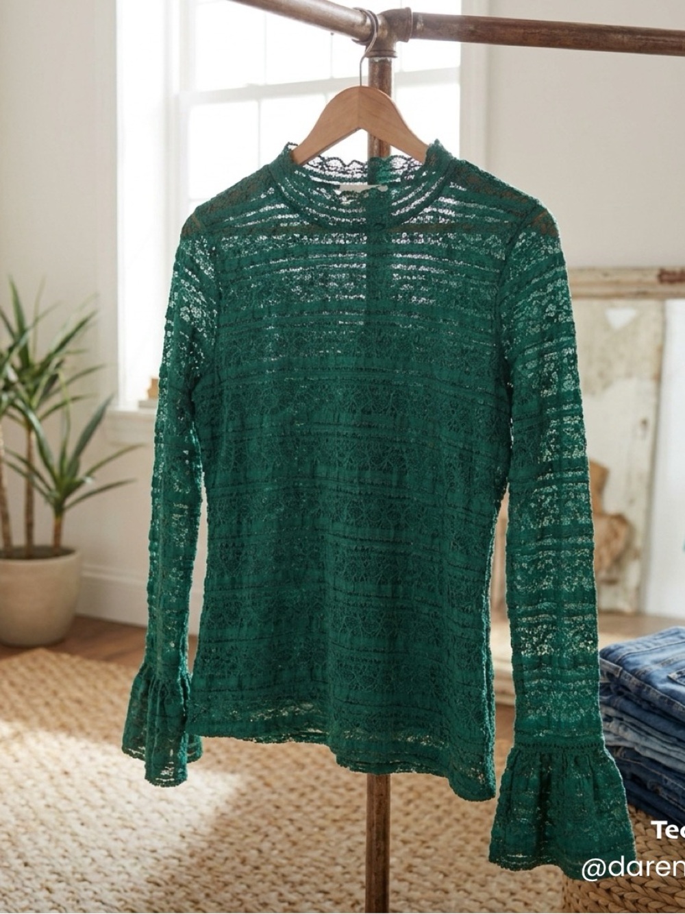 Worthington Emerald Green Lace Long-Sleeve Blouse